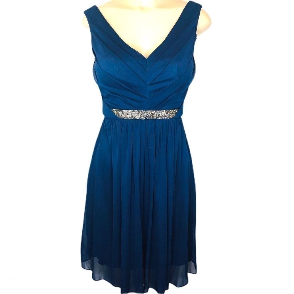 David’s Bridal blue beaded Mesh Dress